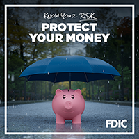 Know Your Risk. Protect Your Money - Pig Carmen Cents with an umbrella