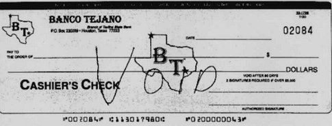 A voided cashier's check numbered 02084 from Banco Tejano, Branch of Texline State Bank, Houston, Texas