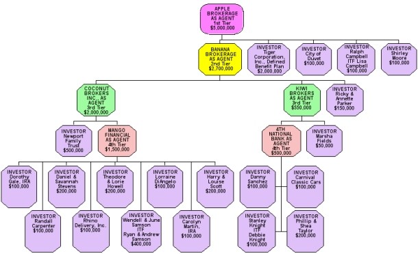 The Deposit Broker Ownership Tree demonstrates the relationship between the first tier broker “Apple Brokerage”, second tier broker “Banana Brokerage”, third tier brokers “Coconut Brokers, Inc.” and “Kiwi Brokers,” as well as the investors on the fourt...