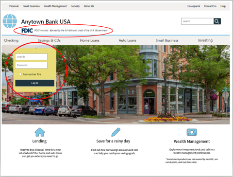 Anytown Bank USA FDIC Digital Sign on Landing Page